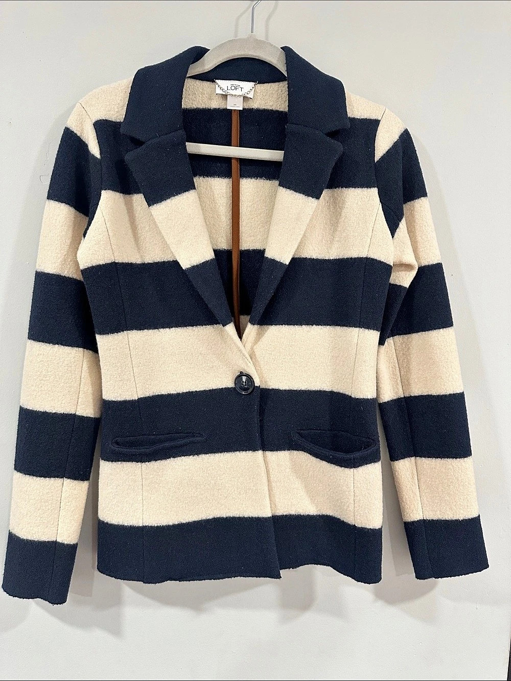 LOFT Striped Blazer in Blue & Cream Size Medium 100% merino wool